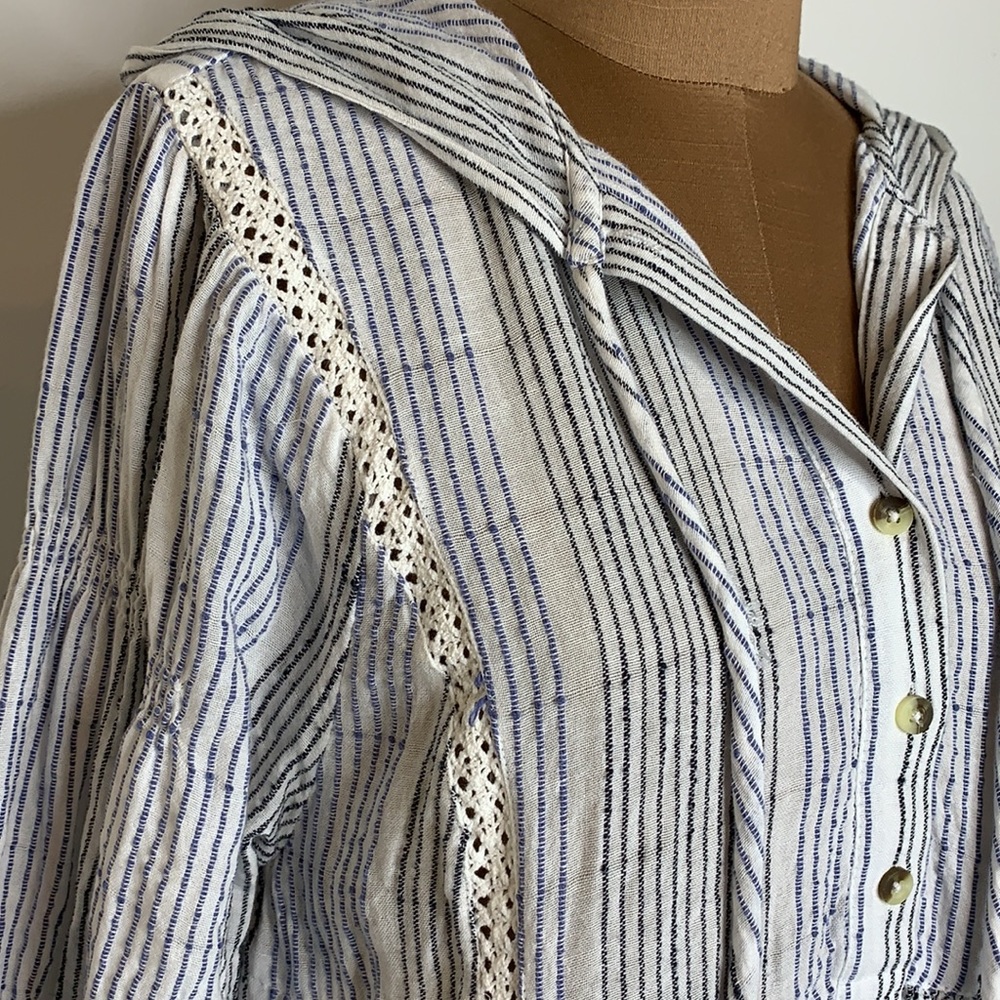 Free People Top Hooded Henley Button Down Blue and White Stripe Oversized
